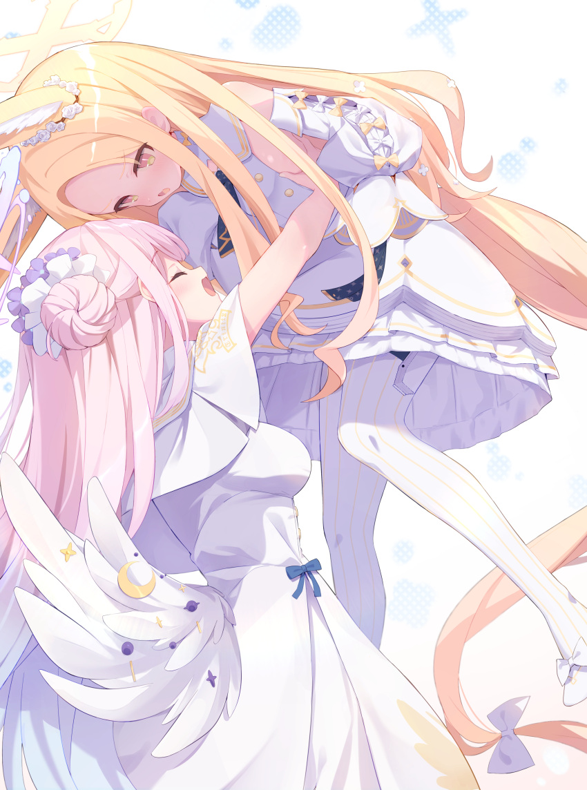 2girls absurdly_long_hair absurdres angel_wings animal_ears bangs blonde_hair blue_archive blue_bow bow capelet dress feathered_wings flower forehead fox_ears frilled_dress frills hair_bow hair_bun hair_flower hair_ornament halo highres lifting_person long_hair low_wings mika_(blue_archive) multiple_girls nasunegiuni necktie parted_bangs pink_hair scrunchie seia_(blue_archive) short_necktie single_hair_bun single_side_bun sleeve_bow sleeveless sleeveless_dress sleeves_past_fingers sleeves_past_wrists very_long_hair white_dress white_footwear white_wings wings wrist_scrunchie yellow_eyes