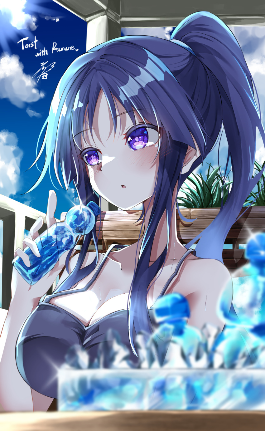 1girl absurdres alternate_hairstyle artist_name assault_lily bangs bare_arms bare_shoulders bench black_camisole blue_sky blurry blurry_foreground blush bottle breasts camisole cleavage cloud collarbone commentary_request day glint hand_up highres holding holding_bottle large_breasts long_hair looking_away looking_to_the_side outdoors parted_lips plant purple_eyes purple_hair ramune shiny shiny_hair shirai_yuyu sidelocks signature sky solo spaghetti_strap sweat table upper_body veranda ya-man