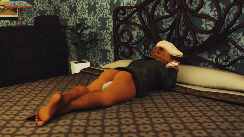 16:9 2022 3d_(artwork) 5_fingers anthro balls barefoot bed bedroom bedroom_eyes blacksad blacksad:_under_the_skin blender_(software) brown_body brown_fur butt clothed clothing digital_media_(artwork) feet fingers foot_focus fur furniture genitals hair hat headgear headwear hi_res jacket k'joor_(artist) lamp least_weasel looking_at_viewer male mammal mustela mustelid musteline narrowed_eyes nude pink_nose plant presenting rear_view seductive signature simple_background smile solo toes topwear true_musteline video_games watermark weekly white_body white_fur widescreen