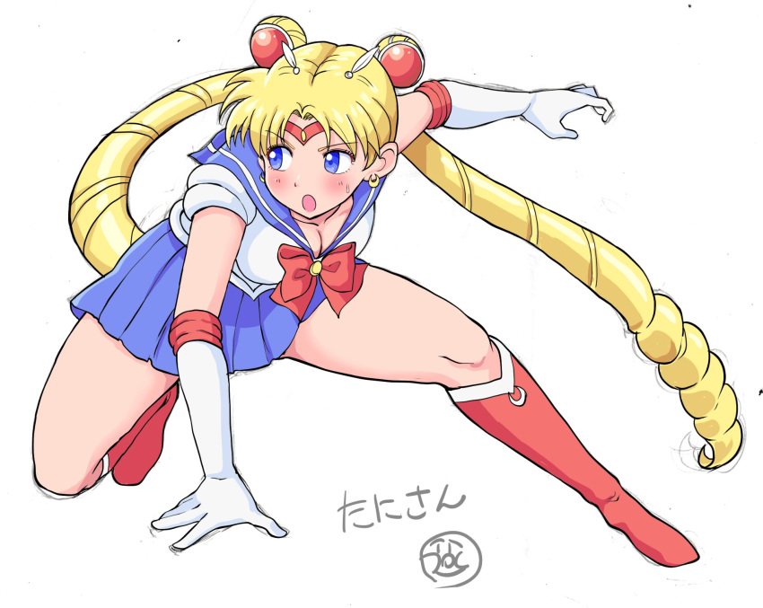 1girl bishoujo_senshi_sailor_moon blonde_hair blue_eyes blue_sailor_collar blue_skirt bow breasts choker cleavage double_bun elbow_gloves gloves hair_bun highres leotard long_hair magical_girl pleated_skirt red_bow red_choker red_footwear sailor_collar sailor_moon sailor_senshi_uniform simple_background skirt solo squatting tanisan tsukino_usagi twintails white_background white_gloves white_leotard