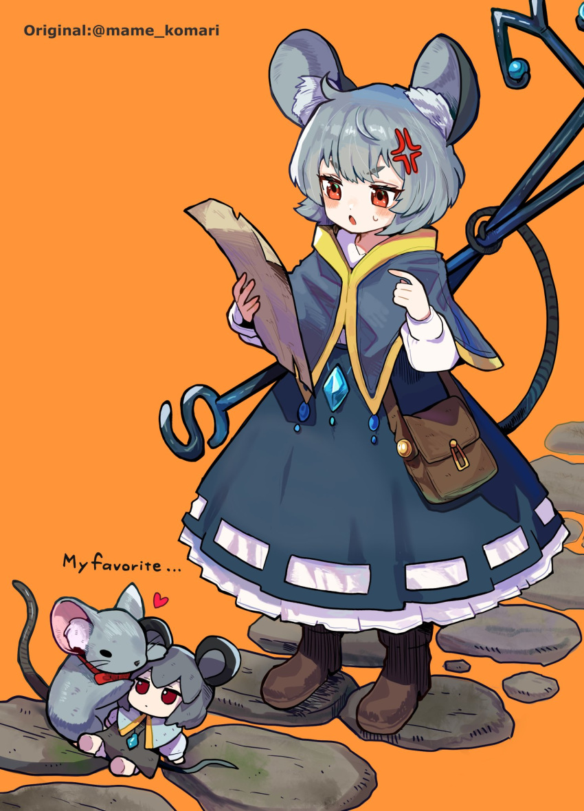 1girl anger_vein animal animal_ears bag black_dress blush brown_footwear capelet character_doll dowsing_rod dress fumo_(doll) grey_capelet grey_hair heart highres holding howhow_notei jewelry long_sleeves mouse mouse_ears mouse_tail nazrin open_mouth orange_background pendant red_eyes shoes short_hair shoulder_bag simple_background solo tail touhou