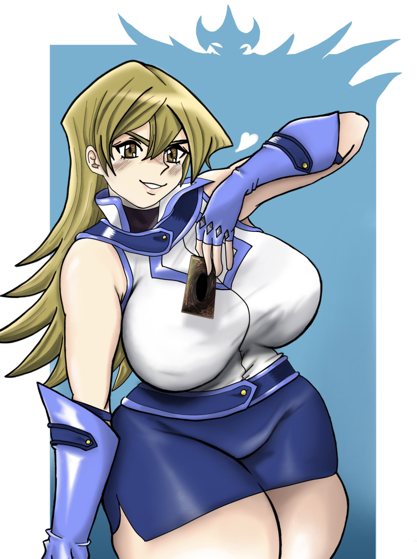 1girl absurdres blonde_hair breasts brown_eyes curvy fingerless_gloves gloves highres huge_breasts lipgloss lips miniskirt salewdmander school_uniform self_upload skirt sleeveless smile smug tenjouin_asuka yu-gi-oh! yu-gi-oh!_gx