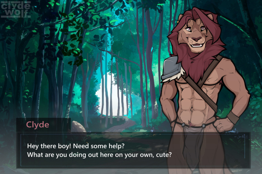 anthro armor bottomwear bulge clothed clothing clyde_wolf dialogue digital_media_(artwork) english_text fantasy felid fur hair lion loincloth looking_at_viewer male mammal muscular muscular_anthro muscular_male nipples nude open_mouth pantherine shoulder_pads smile solo text underwear video_games visual_novel