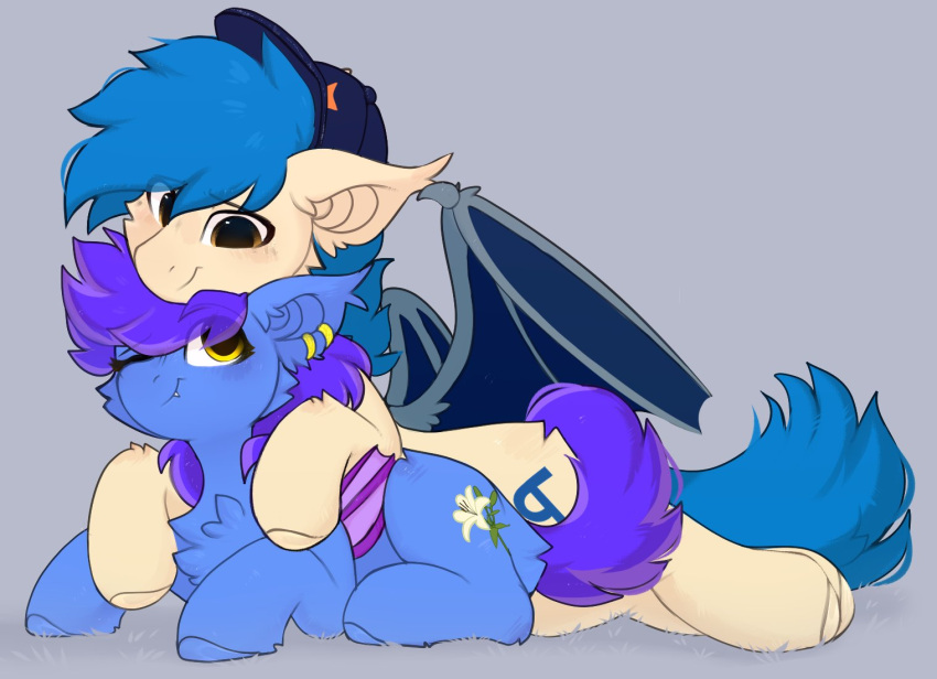 ambiguous_gender baseball_cap bat_pony bat_wings blue_body blue_fur blue_hair blue_tail blue_wings brown_eyes chest_tuft clothing cutie_mark duo ear_piercing ear_ring ear_tuft equid fan_character feral fur hair hasbro hat headgear headwear hooves little-sketches mammal membrane_(anatomy) membranous_wings my_little_pony piercing purple_hair purple_tail purple_wings ring_piercing tan_body tan_fur tuft wing_claws wings yellow_eyes