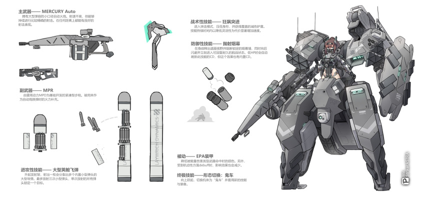 1girl absurdres aqua_eyes armor axe breasts brown_hair character_sheet cluster_bomb commentary_request full_body grenade_launcher gun hairband highleg highleg_leotard highres joints large_breasts leotard mask mecha_musume original pelvic_curtain ponytail prosthesis prosthetic_arm rifle robot_joints sherman_(egnk2525) shield smoke_grenade solo standing translation_request weapon white_background