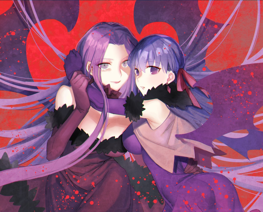 2girls alternate_costume dress earrings fate/stay_night fate_(series) forehead jewelry lips long_hair matou_sakura medusa_(fate) medusa_(rider)_(fate) multiple_girls purple_dress purple_eyes purple_hair very_long_hair ycco_(estrella)