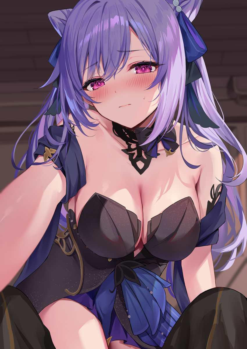 1girl absurdres bangs bare_shoulders blue_ribbon blurry blurry_background blush breasts cleavage cone_hair_bun double_bun dress embarrassed genshin_impact hair_bun hair_ornament highres hizuki_higure keqing_(genshin_impact) keqing_(opulent_splendor)_(genshin_impact) large_breasts leaning_forward long_hair looking_at_viewer outstretched_arm purple_eyes purple_hair raised_eyebrows ribbon sweatdrop swept_bangs twintails