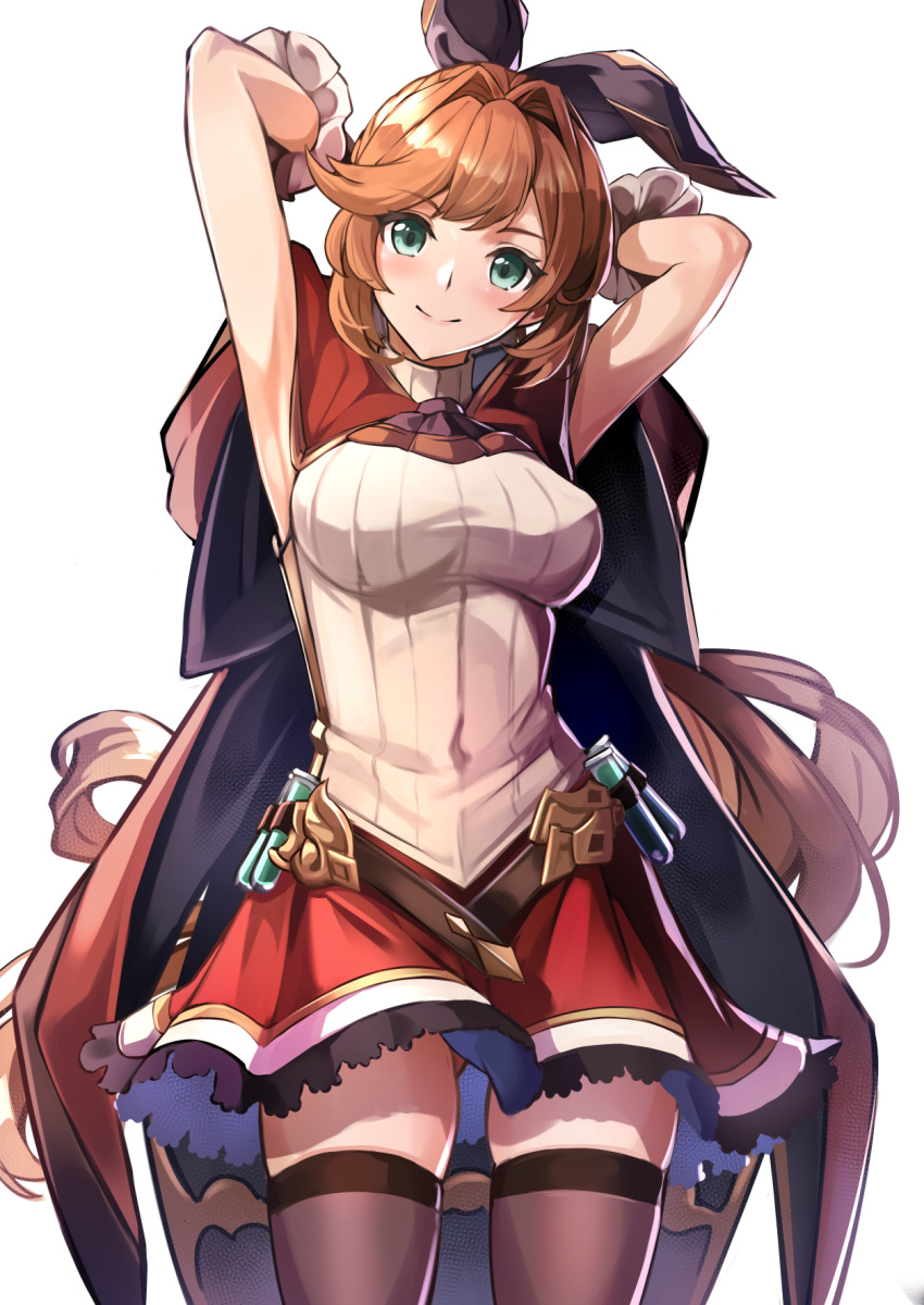 1girl alisia0812 armpits arms_up black_legwear breasts brown_hair cape clarisse_(granblue_fantasy) gloves granblue_fantasy green_eyes highres long_hair looking_at_viewer medium_breasts simple_background skirt sleeveless sleeveless_sweater smile sweater thighhighs white_background