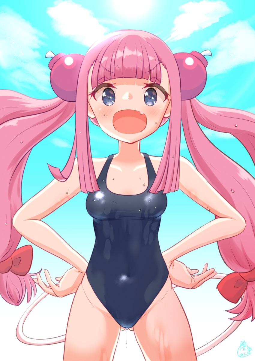 1girl absurdres ass_visible_through_thighs bangs black_swimsuit blue_eyes blue_sky blue_swimsuit blunt_bangs bomb_hair_ornament bombergirl breasts cloud commentary_request covered_navel cowboy_shot dreamtravel36 eyebrows_behind_hair fang hair_ribbon hands_on_hips highres long_hair momoko_(bombergirl) pink_hair ribbon school_swimsuit skin_fang sky small_breasts smile solo swimsuit twintails wet wet_clothes wet_swimsuit