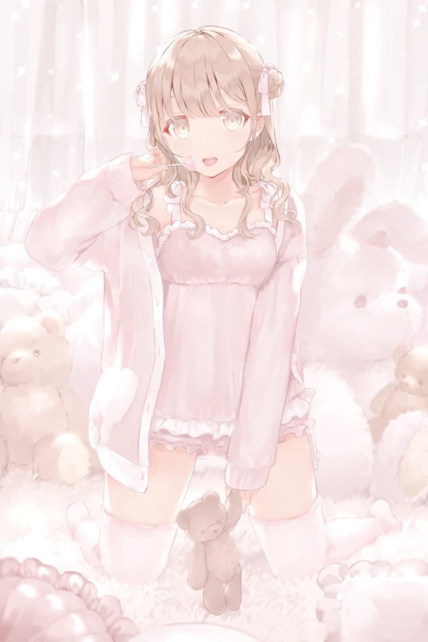 1girl absurdres brown_eyes brown_hair candy food half_updo highres holding holding_candy holding_food holding_lollipop holding_stuffed_toy lollipop long_hair loungewear one_side_up open_mouth original solo stuffed_animal stuffed_toy teddy_bear thighhighs tongue tongue_out usagiplanet7