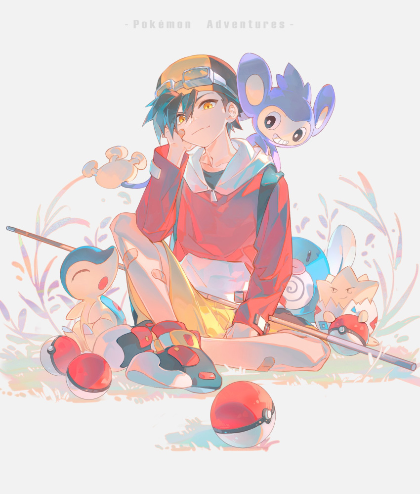 1boy aipom backwards_hat bakutiku bandaid bandaid_on_face bandaid_on_leg baseball_cap black_hair black_shirt closed_mouth commentary copyright_name cyndaquil ethan_(pokemon) hat head_rest highres jacket long_sleeves male_focus poke_ball poke_ball_(basic) pokemon pokemon_(creature) pokemon_adventures poliwag red_jacket shirt shoes short_hair shorts sitting smile sneakers togepi yellow_shorts zipper_pull_tab