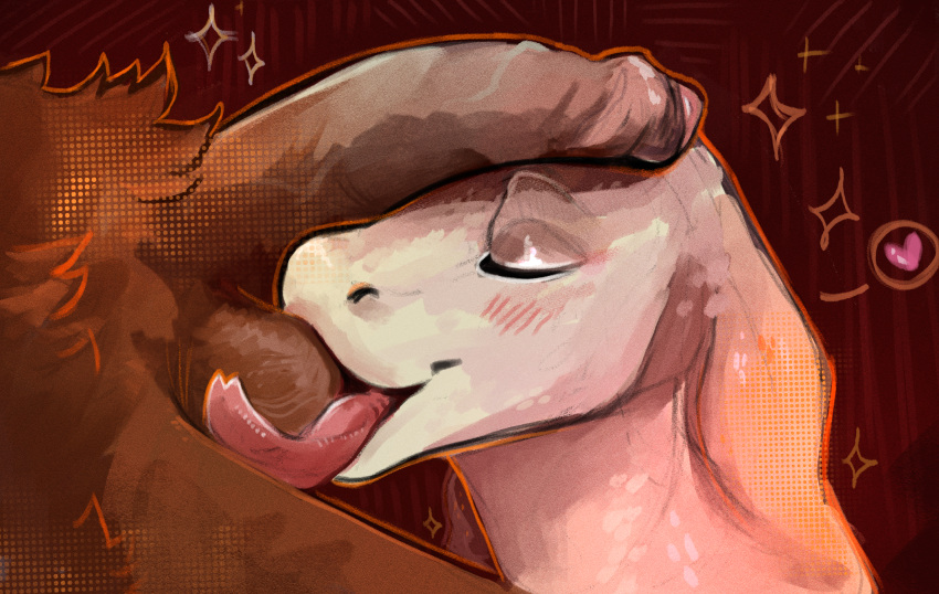 &lt;3 anthro apode ball_lick ball_suck balls blush blush_lines brown_body brown_fur draconcopode duo eyes_closed female foreskin forked_tongue fur genitals hi_res legless licking long_tongue male male/female mammal naga oral penis pink_body pubes reptile scalie serpentine sex sketch smile snake sucking suid suina sus_(pig) the-boar-house tongue tongue_out wild_boar