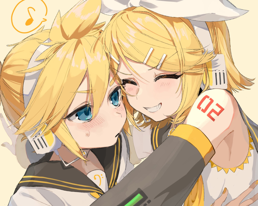 1boy 1girl armpits ascot bare_shoulders bass_clef blonde_hair blue_eyes blush bow cheek-to-cheek closed_eyes commentary_request detached_sleeves eighth_note flat_chest grin hair_bow hair_ornament hairclip happy headphones heads_together headset highres hug kagamine_len kagamine_rin monaka_age musical_note necktie number_tattoo parted_lips sailor_collar sailor_shirt shirt shoulder_tattoo sleeveless sleeveless_shirt smile speech_bubble spoken_musical_note sweatdrop tattoo treble_clef tsurime v-shaped_eyebrows vocaloid white_bow yellow_ascot yellow_nails yellow_necktie