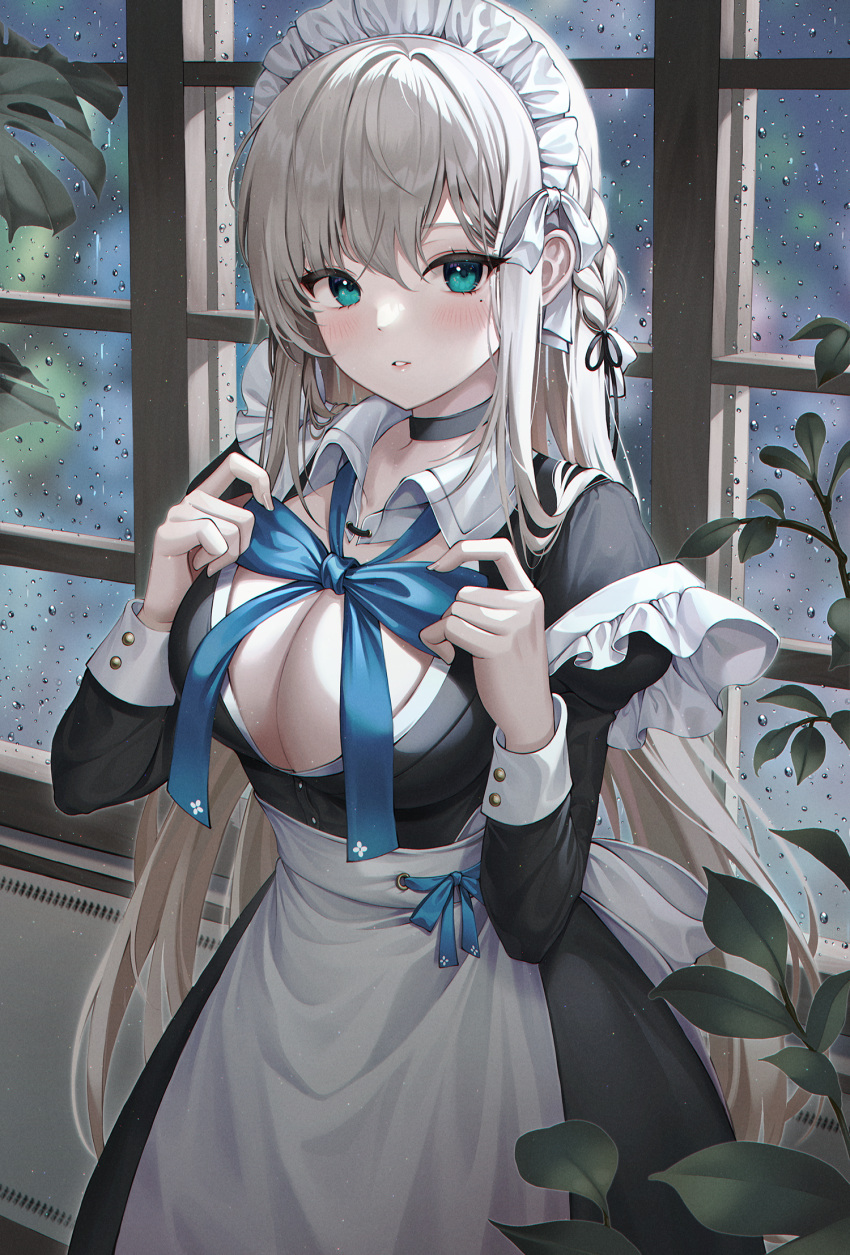 1girl apron bangs banned_artist black_dress blue_eyes blush breasts choker cleavage dress highres large_breasts long_hair long_sleeves looking_at_viewer maid maid_headdress mellozzo original parted_lips solo white_apron white_hair