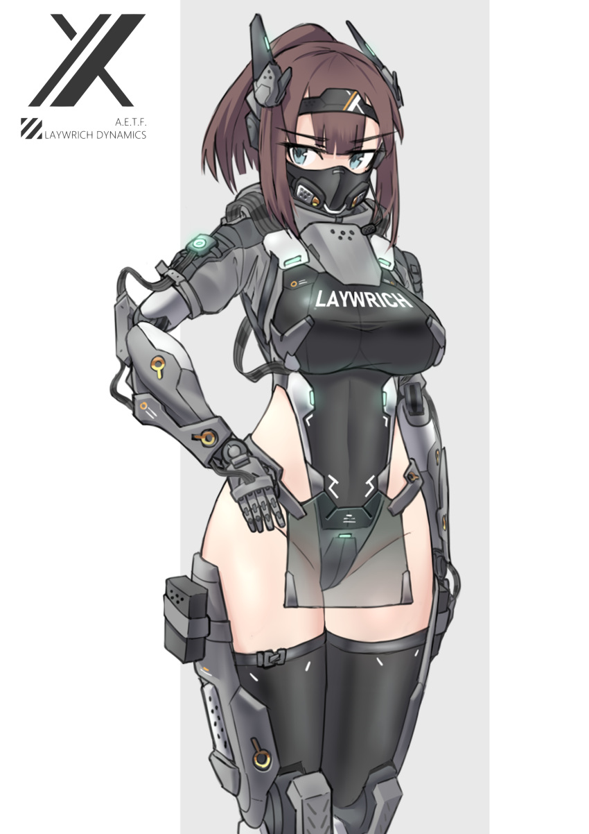 1girl absurdres aqua_eyes armor breasts brown_hair commentary_request grey_background hairband hand_on_hip highleg highleg_leotard highres joints large_breasts leotard mask mecha_musume original pelvic_curtain ponytail prosthesis prosthetic_arm robot_joints sherman_(egnk2525) standing thighhighs two-tone_background white_background