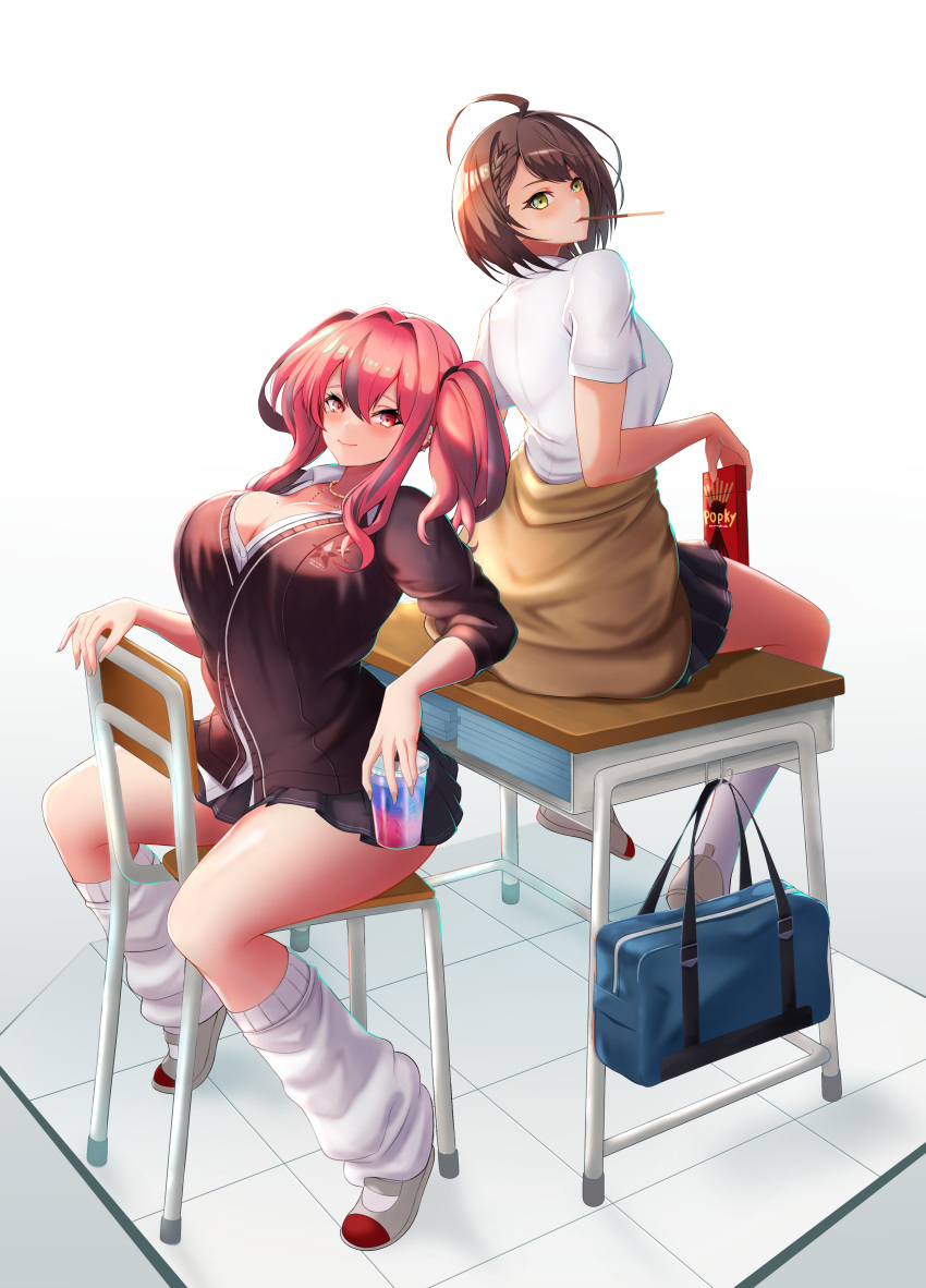 2girls absurdres ahoge azur_lane bag baltimore_(after-school_ace)_(azur_lane) baltimore_(azur_lane) bangs black_cardigan black_skirt braid breasts bremerton_(azur_lane) brown_hair cardigan cardigan_around_waist chair cleavage closed_mouth clothes_around_waist collarbone collared_shirt commentary_request cup desk disposable_cup dress drinking_straw ear_piercing food french_braid full_body grey_hair hair_between_eyes hair_intakes highres holding holding_cup jewelry kangaruu_(momotk1109) kneehighs large_breasts loafers long_hair looking_at_viewer loose_socks miniskirt mole mole_on_breast mole_under_eye multicolored_hair multiple_girls necklace official_alternate_costume partial_commentary partially_unbuttoned piercing pink_eyes pink_hair pleated_dress pleated_skirt pocky pocky_in_mouth school_bag school_chair school_desk school_uniform shadow shirt shoes short_hair short_sleeves sidelocks simple_background sitting skirt sleeves_rolled_up smile streaked_hair tile_floor tiles twintails two-tone_hair white_background white_legwear white_shirt yellow_eyes