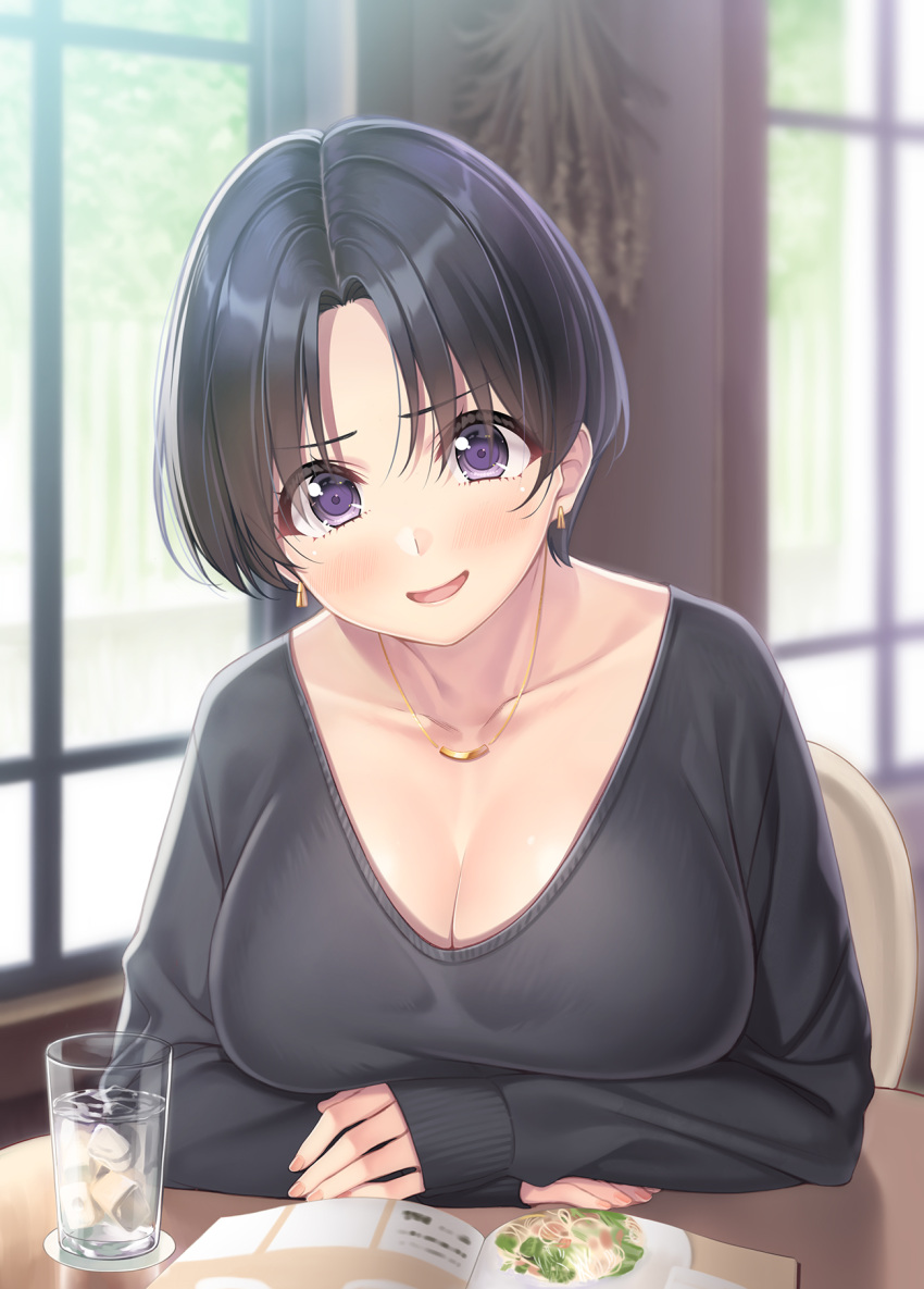 1girl :d black_eyes black_hair blurry blush breasts chair cleavage collarbone commentary_request crossed_arms cup depth_of_field drinking_glass earrings highres ice jewelry large_breasts looking_at_viewer menu necklace original restaurant short_hair smile solo water window yamakaze_ran