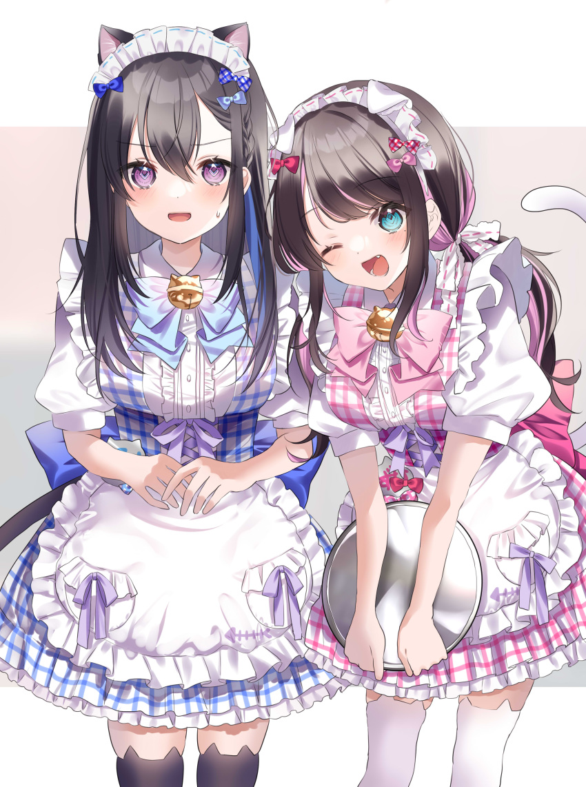2girls absurdres alternate_costume animal_ear_legwear animal_ears apron bangs bell black_legwear blue_bow blue_dress blue_eyes blue_hair blue_ribbon blush bow bowtie breasts cat_ear_legwear cat_ears cat_girl cat_tail colored_inner_hair corset dress enmaided fang frilled_apron frills hair_between_eyes hair_bow highres ichinose_uruha jingle_bell kaga_nazuna leaning_forward long_hair looking_at_viewer low_twintails maid maid_headdress medium_breasts multicolored_hair multiple_girls open_mouth pink_bow pink_dress pink_hair pome_charo puffy_short_sleeves puffy_sleeves purple_eyes purple_ribbon ribbon short_sleeves sweatdrop swept_bangs tail thighhighs twintails virtual_youtuber vspo! waist_apron waitress white_apron white_dress white_legwear zettai_ryouiki