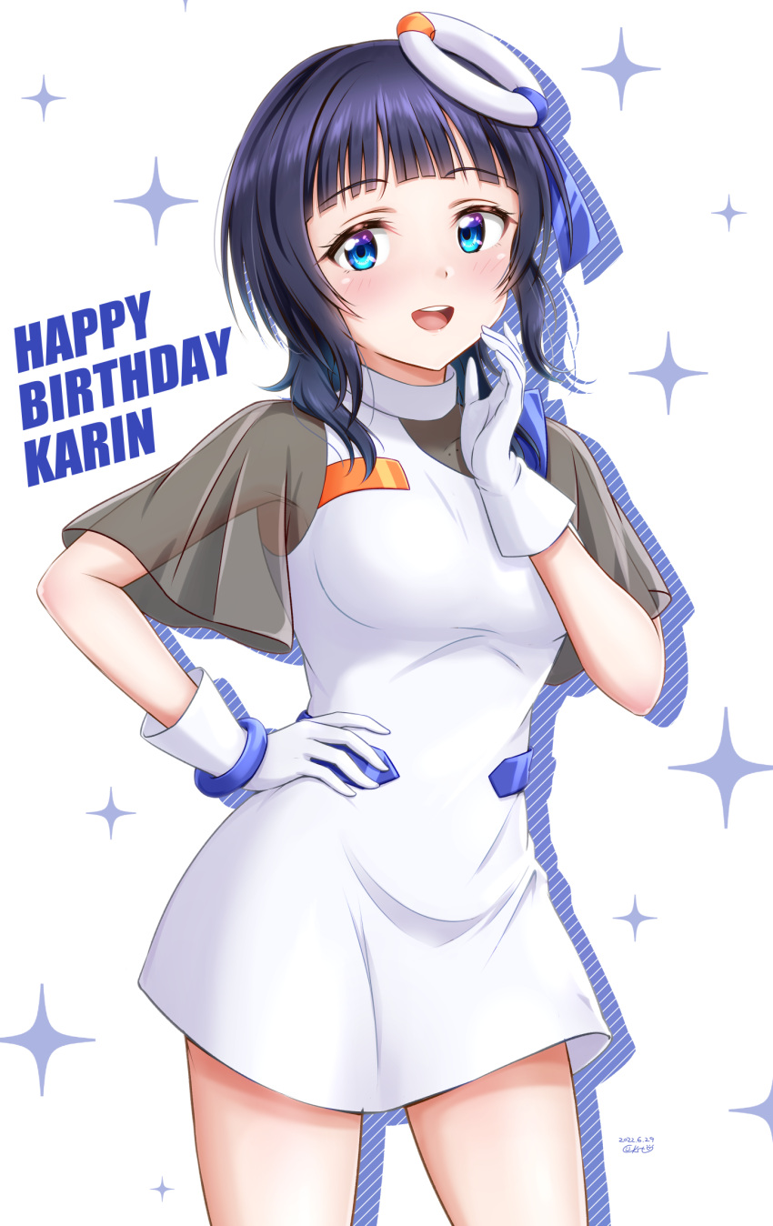 1girl asaka_karin bangs birthday blue_eyes blue_hair blush bracelet breasts character_name ckst collarbone commentary english_text eternal_light gloves hand_on_hip happy_birthday highres jewelry looking_at_viewer love_live! love_live!_nijigasaki_high_school_idol_club medium_breasts mole ring_hair_ornament see-through see-through_sleeves short_hair sidelocks signature smile solo sparkle_background upper_body white_background white_gloves