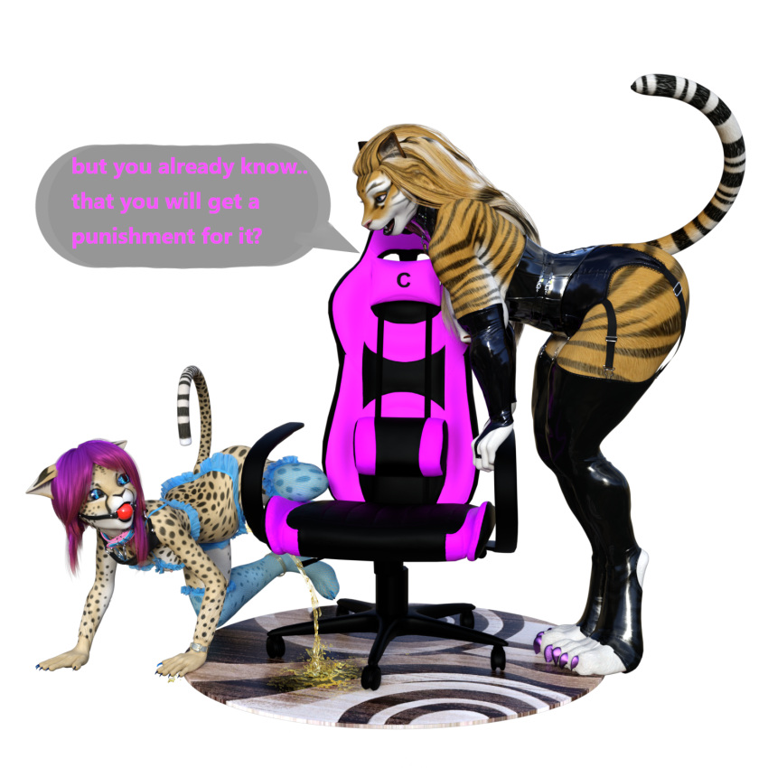 age_difference anthro ball_gag bbdworks bodily_fluids chair cheetah clothing dominant dominant_female felid feline female female/female furniture gag genital_fluids hi_res latex_clothing latex_stockings legwear mammal pantherine peeing slave solo speech_bubble stockings tiana_(bbdworks) tiger urine young younger_female yukiko_(bbdworks)