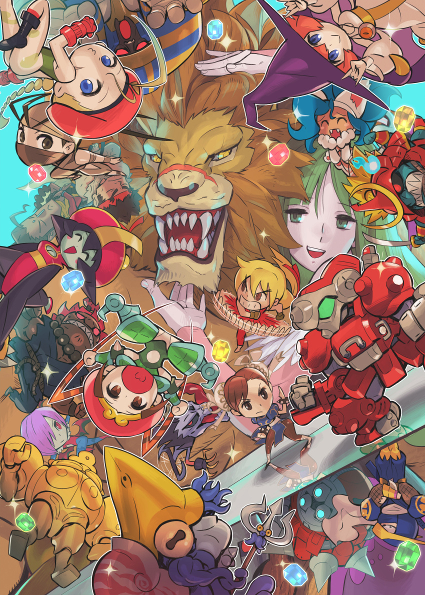 6+boys 6+girls :&gt; :&lt; :o \m/ absurdres akuma_(street_fighter) anakaris animal_ears armor bandana bead_necklace beads bengus beret bishamon blodia blonde_hair blue_background blue_eyes blue_hair blue_skin bracelet brown_hair cammy_white capcom capcom_fighting_collection cat_ears cat_girl chibi chinese_clothes chun-li colored_skin copyright crossover cyberbots demon_girl donovan_baine double_bun dougi falling fangs felicia_(vampire) fighting_stance gem green_armor hair_bun happy hat highres ibuki_(street_fighter) japanese_armor jewelry jiangshi ken_masters lei_lei leo_(warzard) leotard lilith_aensland lion lion_hair long_hair mask mask_on_head meditation monster monster_boy monster_girl morrigan_aensland mukuro_(warzard) multiple_boys multiple_girls mummy necklace ninja nool o3o official_art orange_hair phobos_(vampire) pink_hair pocket_fighter polearm purple_hair puzzle_fighter red_bandana robot ryu_(street_fighter) samurai scar scarf smile sparkle spiked_bracelet spikes spinning street_fighter super-8 sword tabasa tao_(warzard) tatsumaki_senpuukyaku tongue tongue_out triangle_mouth trident upside-down vampire_(game) warzard watermark weapon white_scarf witch witch_hat zabel_zarock zombie