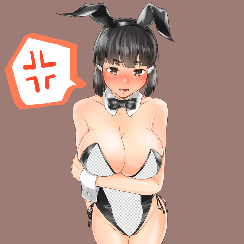 1girl animal_ears arm_under_breasts bare_legs black_leotard blush bow bowtie braid braided_bun breast_hold breasts brown_background brown_eyes brown_hair cleavage collarbone covered_navel cowboy_shot detached_collar embarrassed furaggu_(frag_0416) hair_between_eyes hair_bun hair_ornament hairclip highres kantai_collection large_breasts leotard long_hair medium_hair myoukou_(kancolle) open_mouth playboy_bunny rabbit_ears single_hair_bun solo strapless strapless_leotard translucent_bunnysuit two-tone_leotard white_leotard wrist_cuffs