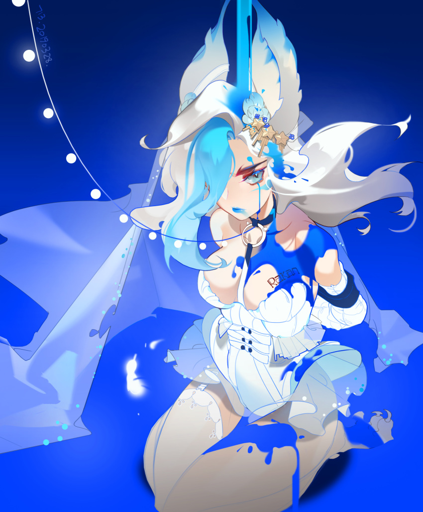 1girl absurdres animal_ears arms_behind_back bare_shoulders between_breasts blue_background blue_collar blue_eyes blue_feathers blue_hair blue_lips body_writing bound bound_arms breasts closed_mouth collar collarbone dated dripping eyeshadow feathers garter_straps gloves gradient hair_ornament highres league_of_legends leash light_blue_eyes light_blue_hair lipstick long_hair makeup multicolored_hair o-ring paint paint_on_body paint_splatter paint_splatter_on_face qi1san red_eyes see-through single_thighhigh sitting smeared_lipstick solo star_(symbol) star_hair_ornament talons thighhighs torn torn_clothes veil white_gloves white_hair xayah
