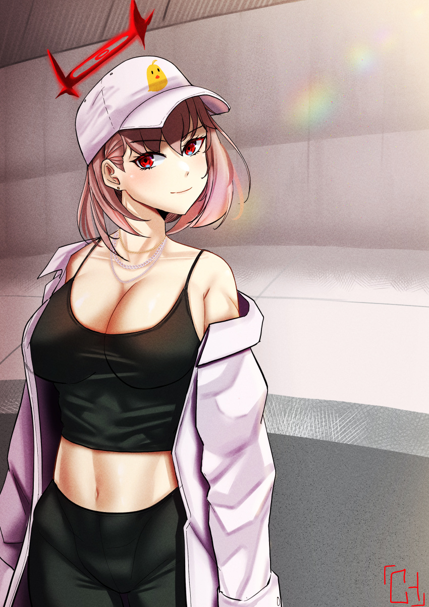 1girl absurdres alternate_costume artist_name azur_lane bangs bare_shoulders baseball_cap black_pants black_tank_top breasts casual choister cleavage closed_mouth collarbone commentary crop_top duca_degli_abruzzi_(azur_lane) english_commentary feet_out_of_frame halo hat highres jacket jacket_pull jewelry light_smile looking_at_viewer manjuu_(azur_lane) medium_breasts medium_hair midriff navel necklace off_shoulder open_clothes open_jacket pants pink_hair red_eyes revision simple_background solo spaghetti_strap standing tank_top track_jacket track_pants white_headwear white_jacket