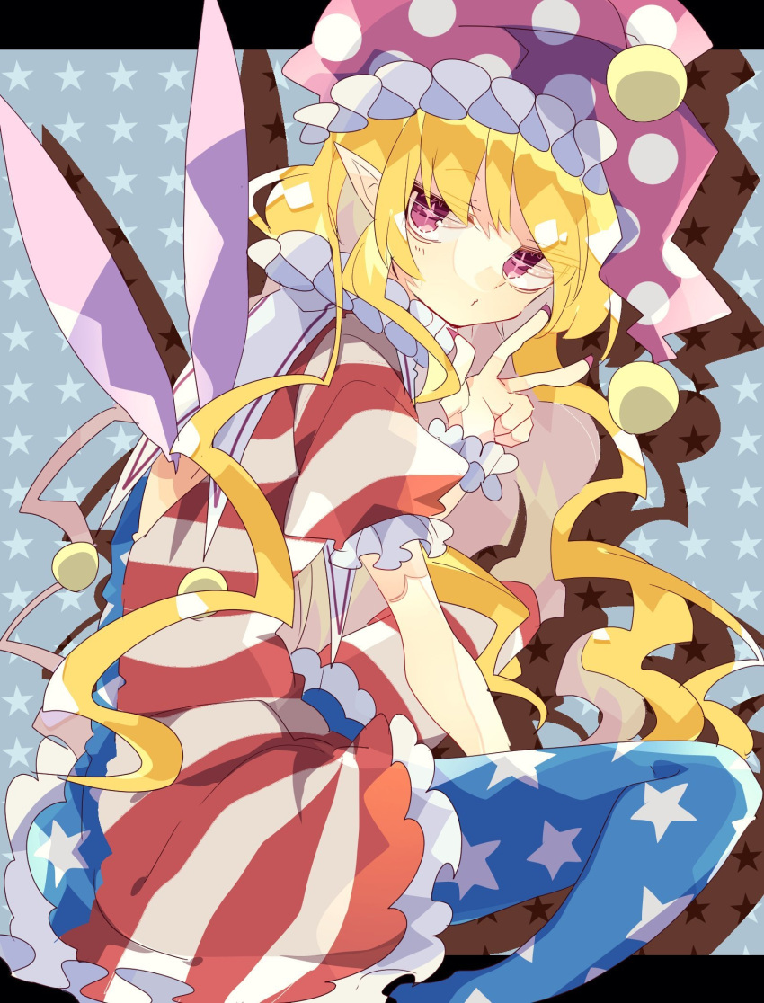 1girl american_flag_dress american_flag_legwear bangs between_legs blonde_hair clownpiece commentary dress fairy_wings foot_out_of_frame frilled_dress frills from_behind hand_between_legs hat highres hunched_over jester_cap long_hair looking_at_viewer looking_back nail_polish neck_ruff nikorashi-ka pantyhose pointy_ears polka_dot_headwear puffy_short_sleeves puffy_sleeves purple_eyes purple_nails short_sleeves sitting solo sparkling_eyes star_(symbol) starry_background touhou w wariza wings wrist_cuffs