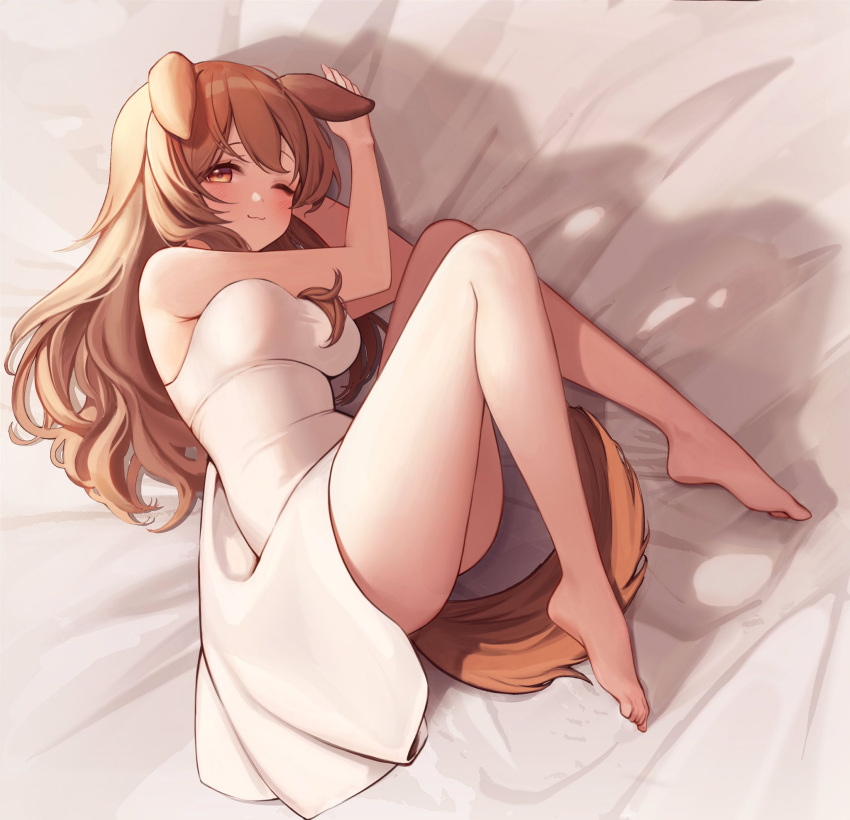 animal_humanoid barefoot bed bed_sheet bedding blush brown_eyes brown_hair canid canid_humanoid canine canine_humanoid clothed clothing dog_humanoid dog_tail dress feet female furniture hair hi_res hololive humanoid korone_inugami long_hair looking_at_viewer lying mammal mammal_humanoid on_bed one_eye_closed onini smile solo virtual_youtuber white_clothing white_dress
