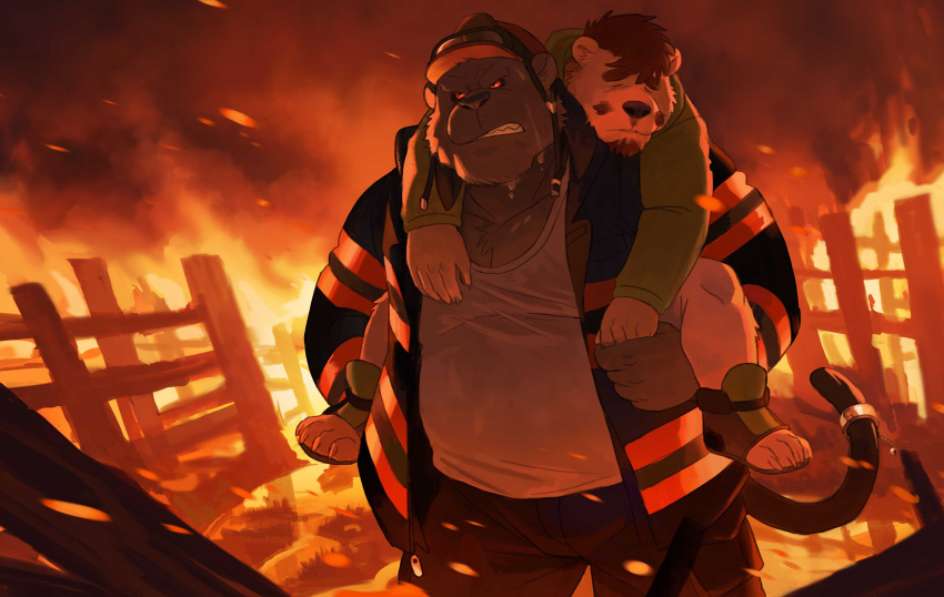 2022 absurd_res anthro bottomwear carrying clothing detailed_background duo eyes_closed fire firefighter hat headgear headwear hi_res humanoid_hands huynhduyad14 kemono male mammal musclegut overweight overweight_male pants shirt topwear ursid