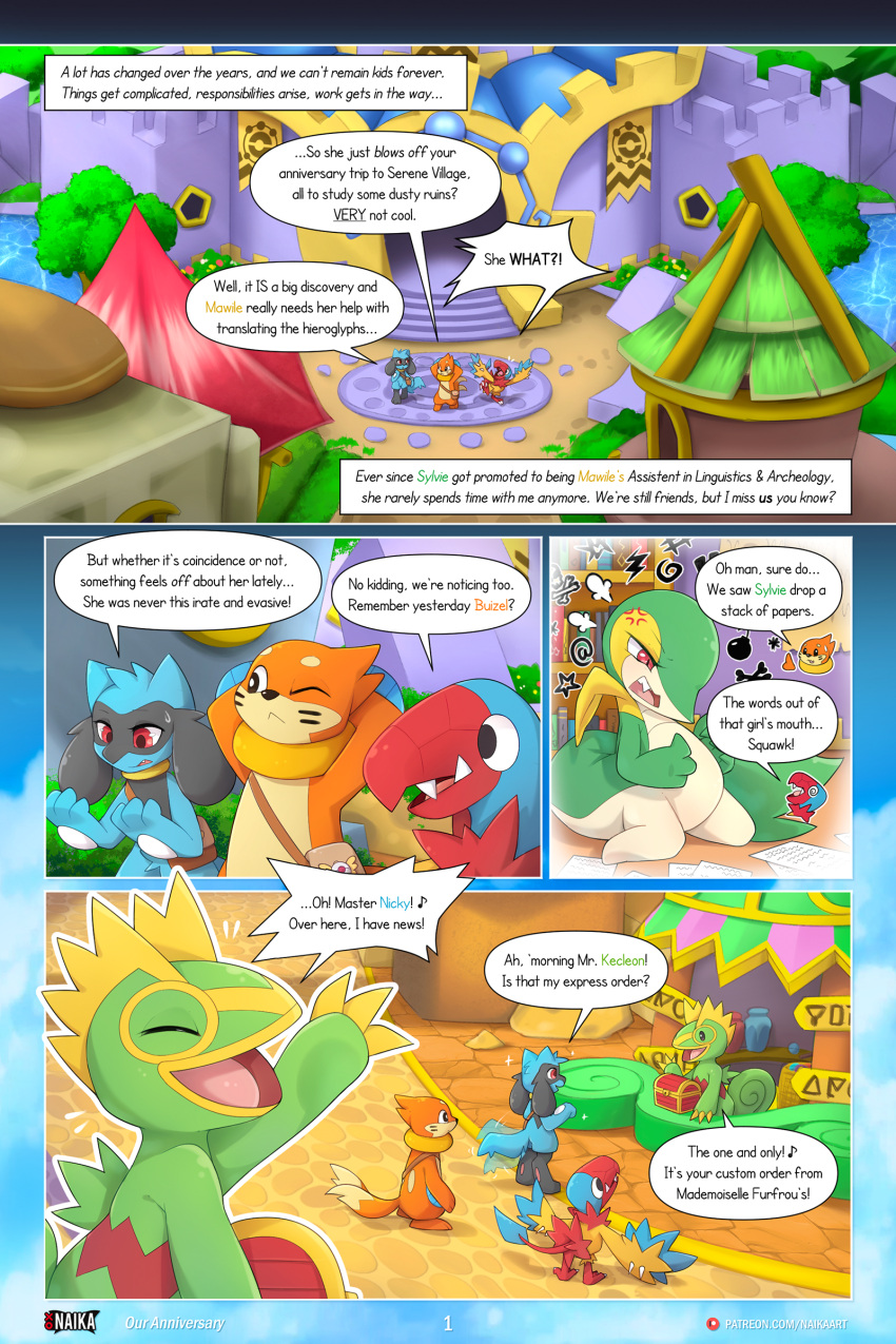 absurd_res aerial_explorer_archen ambiguous_gender angry archen buizel comic dialogue eyes_closed feral fossil_pok&eacute;mon hi_res kecleon kneeling marine_explorer_buizel naika nicky_(naika) nintendo pok&eacute;mon pok&eacute;mon_(species) pok&eacute;mon_mystery_dungeon riolu smile snivy store sylvie_(naika) tail_motion tailwag video_games walking yelling