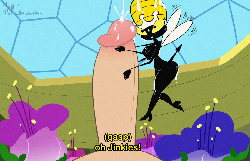 4_arms absurd_res anthro arthropod bee black_body bodily_fluids breasts cum cumshot detailed_background dialogue duo ejaculation english_text erection faceless_character faceless_human faceless_male female female_focus female_on_human flying genital_fluids hanna-barbera hi_res human human_on_anthro hymenopteran insect interspecies larger_human larger_male macro male male/female male_on_anthro mammal micro micro_on_macro mr_valentine00 multi_arm multi_limb pointed_tail queen_bea secret_squirrel_show size_difference smaller_anthro smaller_female solo_focus text