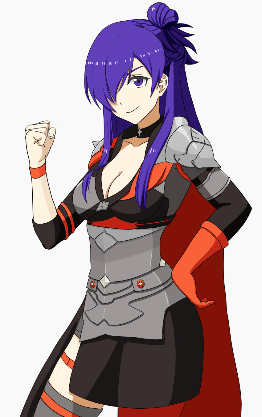 1girl absurdres armor asymmetrical_clothes bangs breasts cape choker cleavage fee fire_emblem fire_emblem:_three_houses fire_emblem_warriors:_three_hopes hair_bun hair_over_one_eye highres large_breasts long_hair long_sleeves looking_at_viewer medium_hair purple_eyes purple_hair shez_(fire_emblem) shez_(fire_emblem)_(female) simple_background single_hair_bun smile solo