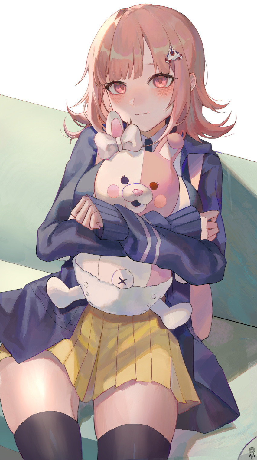 1girl absurdres backpack bag bangs black_legwear blush bow brown_eyes brown_skirt closed_mouth couch danganronpa_(series) danganronpa_2:_goodbye_despair diaper ear_bow galaga hair_ornament highres jacket julia8857 long_sleeves medium_hair monomi_(danganronpa) nanami_chiaki open_mouth pink_bow pleated_skirt sitting skirt thighhighs