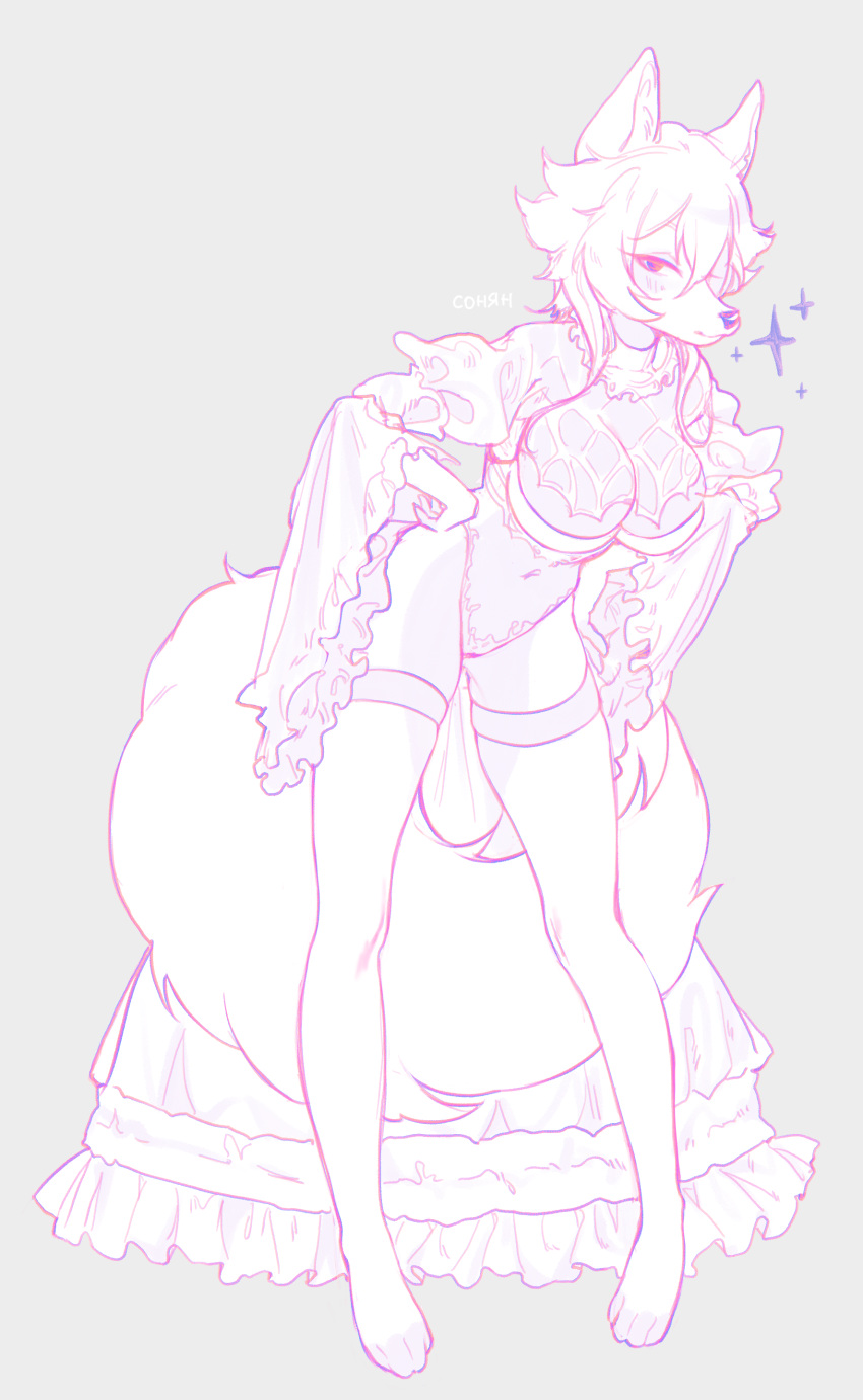 absurd_res anthro breasts canid clothing female fluffy fluffy_tail front_view grey_background hair hand_on_hip hi_res inner_ear_fluff leaning leaning_forward lingerie mammal navel pekuza041 signature simple_background sketch solo sonyan sparkles standing tuft