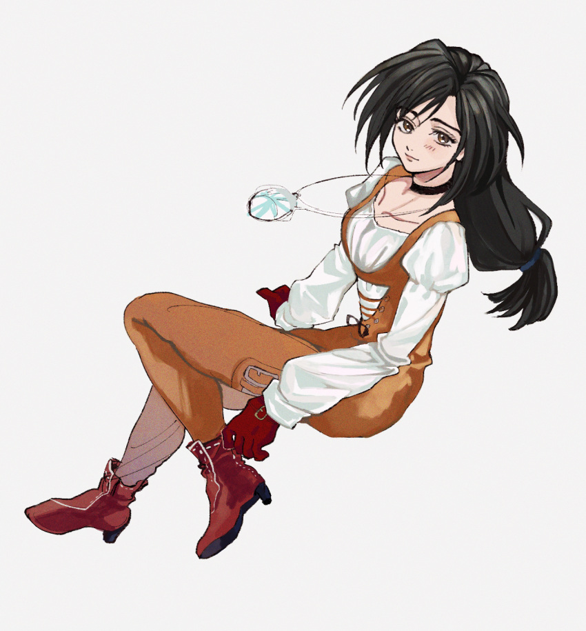 1girl asymmetrical_bangs bangs black_hair blush bodysuit boots breasts brown_eyes choker dokunoko final_fantasy final_fantasy_ix full_body garnet_til_alexandros_xvii gloves hair_between_eyes highres jewelry lace-up_top long_hair looking_at_viewer low-tied_long_hair medium_breasts orange_bodysuit pendant puffy_sleeves red_gloves shirt solo white_background white_shirt