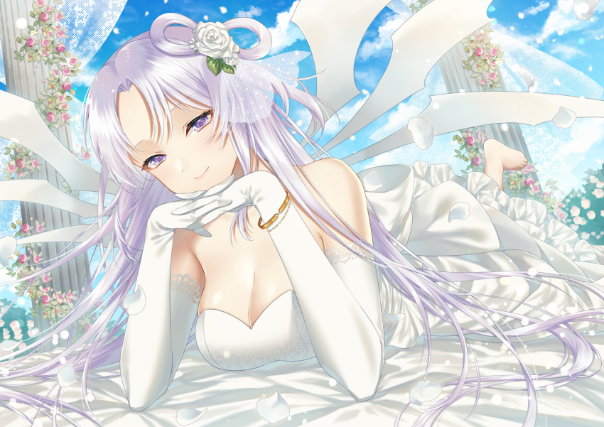 1girl bare_shoulders barefoot blue_sky bracelet breasts cleavage dress flower frills gloves highres infinity jewelry kirisita long_hair looking_at_viewer lying multiple_wings on_stomach one_side_up pillar purple_eyes ribbon shinki_(touhou) sky smile solo the_pose touhou touhou_(pc-98) wedding wedding_dress white_hair white_wings wings