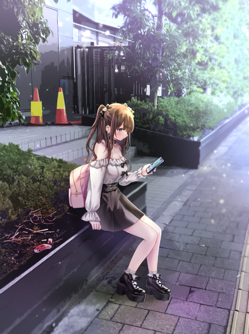 1girl backpack bag black_nails breasts cellphone cleavage highres light_particles masayo_(gin_no_ame) nail_polish original phone plant sidewalk skirt sparkle stairs sunlight traffic_cone tree