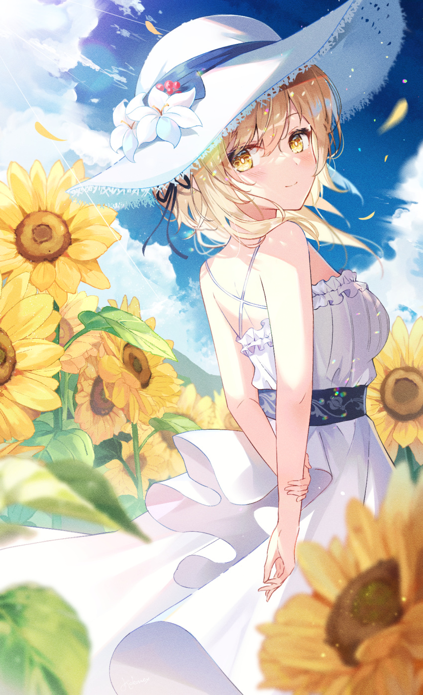 1girl alternate_costume arms_behind_back backlighting blonde_hair blue_sky blurry blurry_foreground breasts bug closed_mouth cloud criss-cross_back-straps day dress field firefly flower flower_field from_side genshin_impact hair_between_eyes hat hat_flower highres holding_own_arm light_blush light_smile looking_at_viewer looking_back looking_to_the_side lumine_(genshin_impact) medium_breasts messy_hair outdoors petals short_hair short_hair_with_long_locks sky sleeveless sleeveless_dress solo spaghetti_strap starlight_crystalz straw_hat sun_hat sundress sunflower upper_body white_dress white_flower wind yellow_eyes