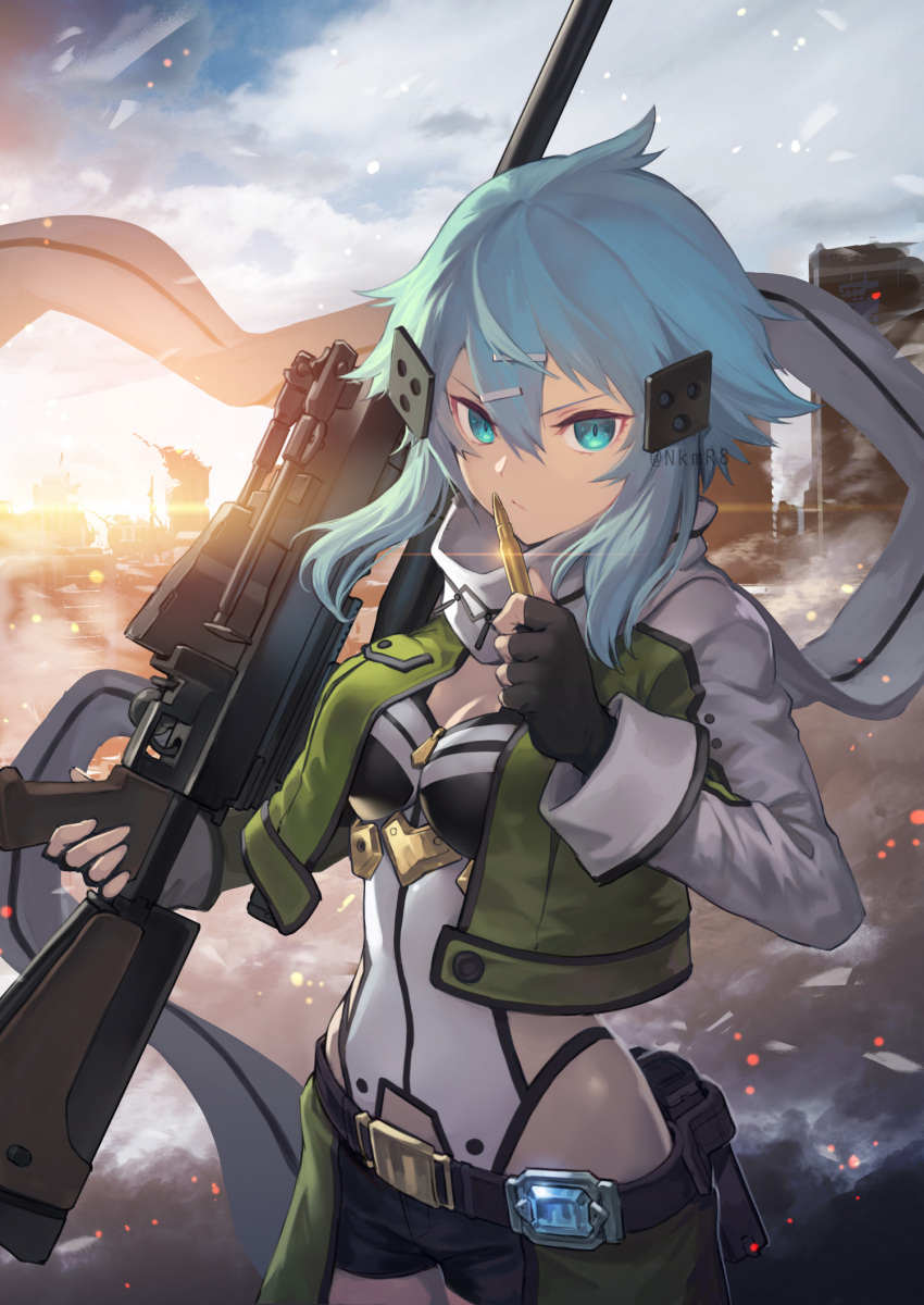 1girl anti-materiel_rifle aqua_eyes aqua_hair belt black_gloves black_shorts blue_sky breasts building bullet cleavage closed_mouth cloud cloudy_sky cowboy_shot cropped_jacket dusk fingerless_gloves glint gloves gun hair_between_eyes hair_ornament hairclip highres holding holding_bullet holding_gun holding_weapon long_sleeves medium_breasts nakamura_eight outdoors pgm_hecate_ii photoshop_(medium) rifle scarf short_hair short_hair_with_long_locks short_shorts shorts sinon sky sniper_rifle solo standing sword_art_online tsurime twitter_username weapon