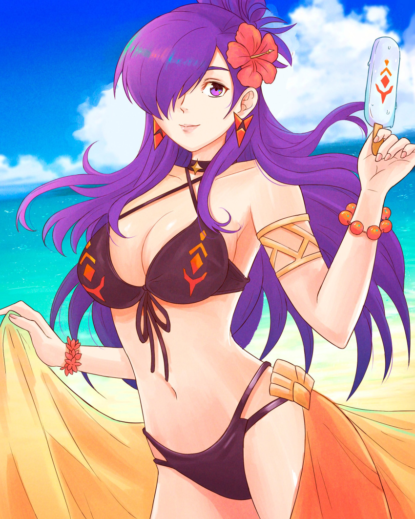 1girl absurdres bangs beach bikini black_swimsuit breasts cape choker cleavage fire_emblem fire_emblem:_three_houses fire_emblem_warriors:_three_hopes food hair_bun hair_over_one_eye highres ice_cream long_hair looking_at_viewer medium_hair purple_eyes purple_hair sarong shez_(fire_emblem) shez_(fire_emblem)_(female) single_hair_bun solo swimsuit truejekart