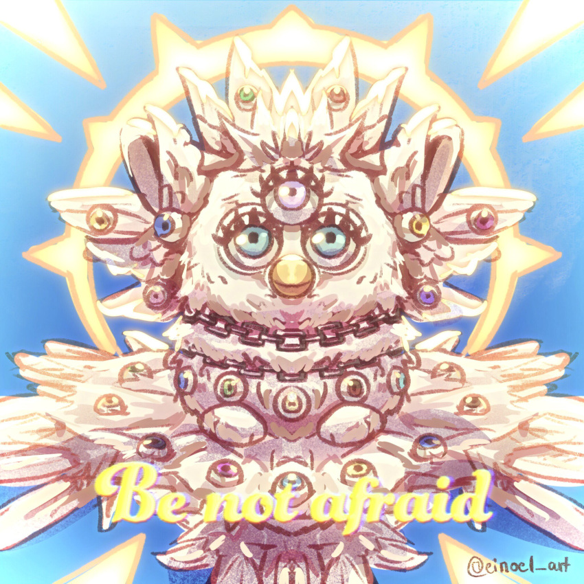 1:1 2022 ambiguous_gender angel beak biblically_accurate_angel blue_background blue_eyes brown_eyes chain eionel eyelashes feathered_wings feathers front_view furby furby_(species) green_eyes halo hi_res monster multi_eye purple_eyes simple_background solo what wings yellow_eyes