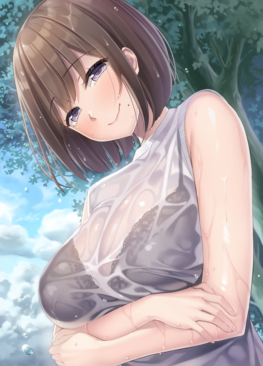 1girl black_bra blush bra breast_hold breasts brown_hair cloud commentary_request crossed_arms highres lace-trimmed_bra lace_trim large_breasts mole mole_under_mouth original outdoors see-through short_hair sky smile solo sweater_vest tree underwear wet wet_clothes wet_hair wet_sweater yamakaze_ran