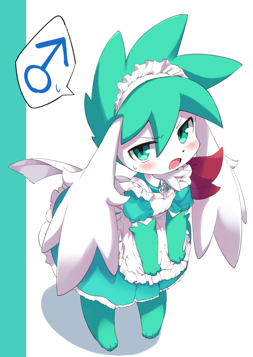 2022 absurd_res anthro clothed clothing crossdressing digital_media_(artwork) fur furrowed_brow gender_symbol girly gloves_(marking) green_body green_fur hi_res kemono legendary_pok&eacute;mon looking_at_viewer maid_headdress maid_uniform male male_symbol markings narrowed_eyes neck_tuft nintendo open_mouth pok&eacute;mon pok&eacute;mon_(species) shaymin simple_background sky_forme_shaymin speech_bubble symbol syuya teal_body teal_eyes tuft uniform video_games white_body white_fur