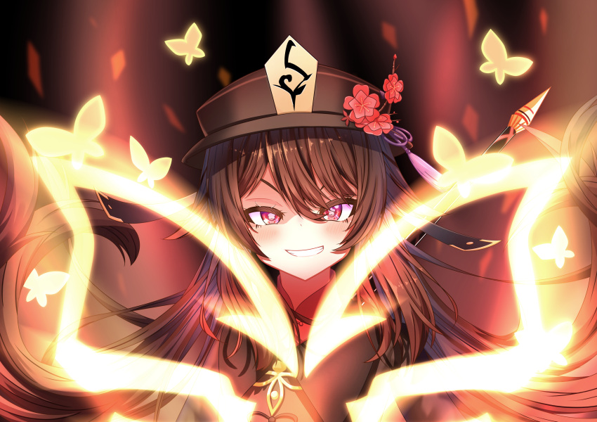 1girl :d aura bangs brown_hair bug butterfly chinese_clothes commentary_request flower genshin_impact grin hair_between_eyes hanamiduki25 hat hat_flower hat_ornament highres hu_tao_(genshin_impact) long_hair long_sleeves looking_at_viewer red_eyes sidelocks smile staff staff_of_homa_(genshin_impact) symbol-shaped_pupils twintails v-shaped_eyebrows