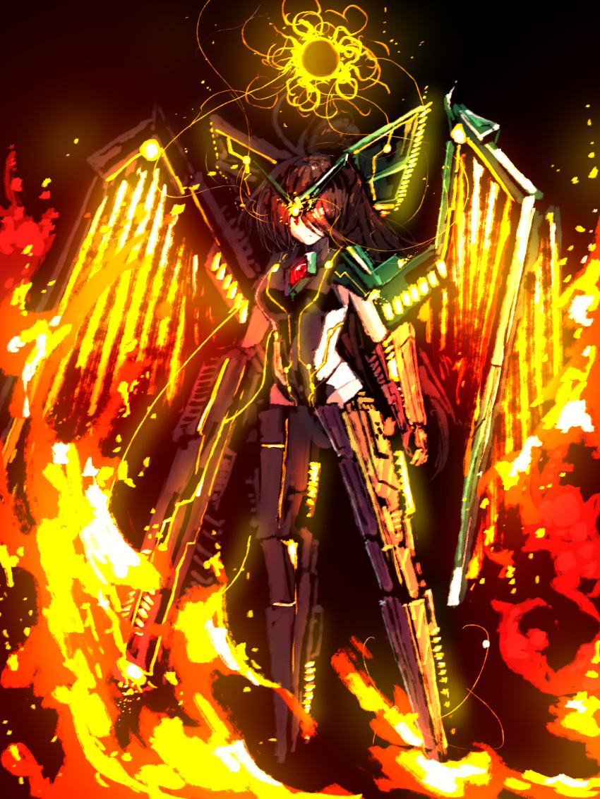 1girl alternate_costume arm_cannon bangs black_leotard black_sun bow breasts brown_hair closed_mouth commentary_request control_rod expressionless fire full_body green_bow hair_between_eyes hair_bow hair_over_one_eye highres leotard long_hair looking_at_viewer mecha_musume mechanical_legs mechanical_wings medium_breasts red_eyes reiuji_utsuho solo sun sunnysideup third_eye touhou weapon wings