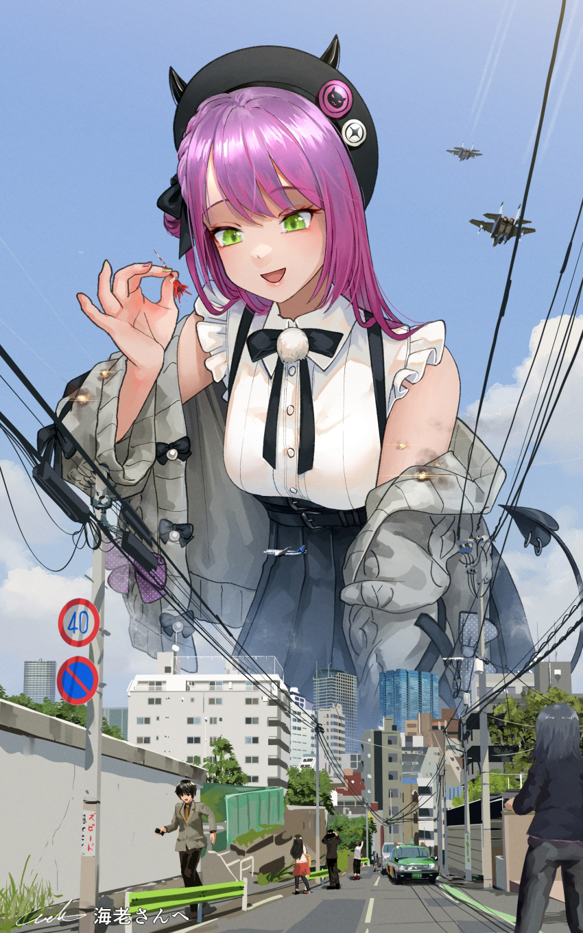 absurdres aircraft airplane building car city cityscape cloud copyright_request day destruction duplicate fingers giant giantess green_eyes ground_vehicle highres holding jet long_hair motor_vehicle open_mouth picking_up pink_hair pixel-perfect_duplicate road road_sign sign sky skyscraper street tokoyami_towa tokyo_(city) welt_(kinsei_koutenkyoku)