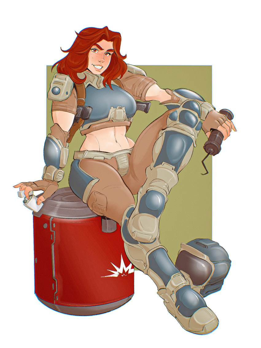 abs armor armored_boots bomb boots breasts combat_boots crash_(quake) crazy crazy_eyes crazy_smile day_of_wrath day_of_wrath_(doom_fanfic) desert_eagle doom_(series) doom_eternal explosive formal freckles grin gun handgun highres infinitypilot medium_breasts muscular muscular_female quake quake_3_arena qwickjoe red_eyes red_hair sinister sitting smile smirk smug soulbreaker_(day_of_wrath) suit weapon