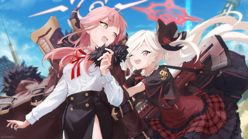 2girls ;d aru_(blue_archive) assault_rifle bangs blue_archive blue_sky blunt_bangs blurry bow bowtie chamu_(chammkue) cloud cloudy_sky coat coat_on_shoulders commentary_request demon_girl demon_horns depth_of_field fur-trimmed_coat fur_trim grey_eyes gun hair_between_eyes hair_ornament hair_scrunchie halo highres horns long_hair long_sleeves looking_at_another multiple_girls mutsuki_(blue_archive) one_eye_closed pink_hair plaid plaid_skirt pointy_ears pushing rifle school_uniform scrunchie short_sleeves side_ponytail sidelocks skirt sky smile sniper_rifle sweatdrop weapon weapon_on_back white_hair yellow_eyes
